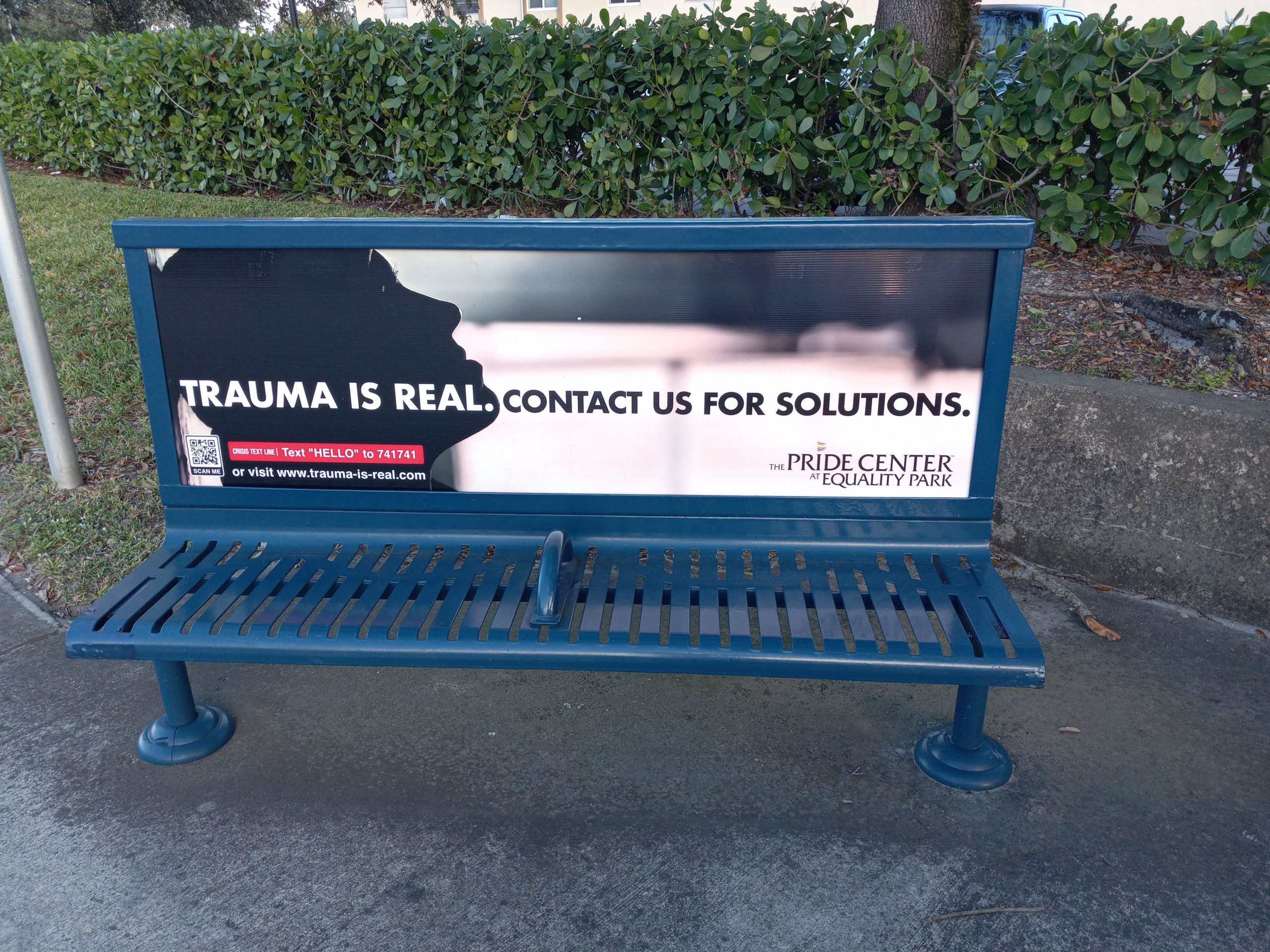 Funds from this project were used to launch a community awareness campaign around trauma. This is an image of one of our trauma posters out in the community on a public park bench. This project had 10 public benches and 10 bus stop shelter posters up for four weeks raising trauma awareness in Broward County. 