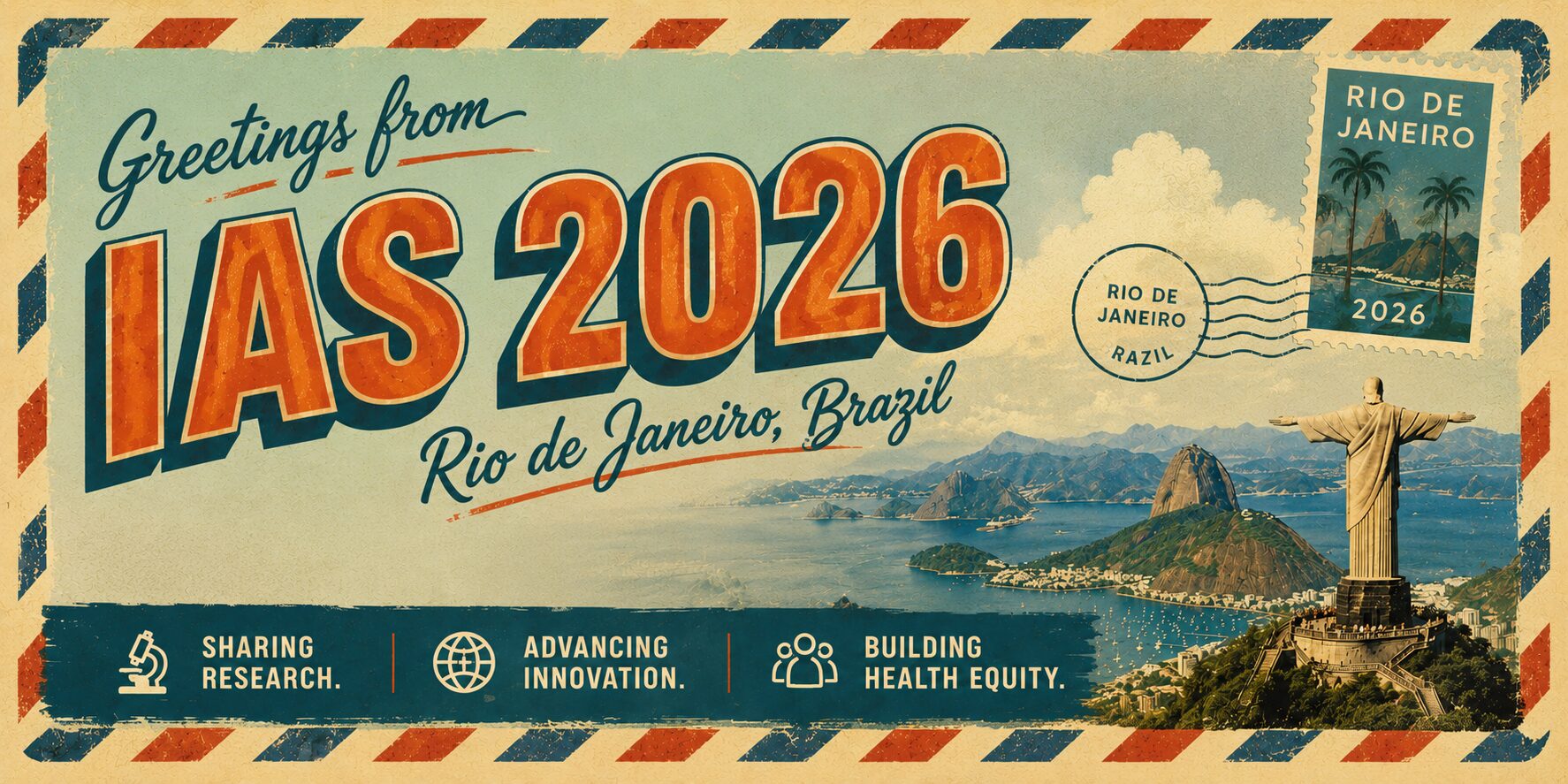 Vintage postcard-style illustration of Rio de Janeiro featuring Christ the Redeemer and the text "Greetings from IAS 2026."