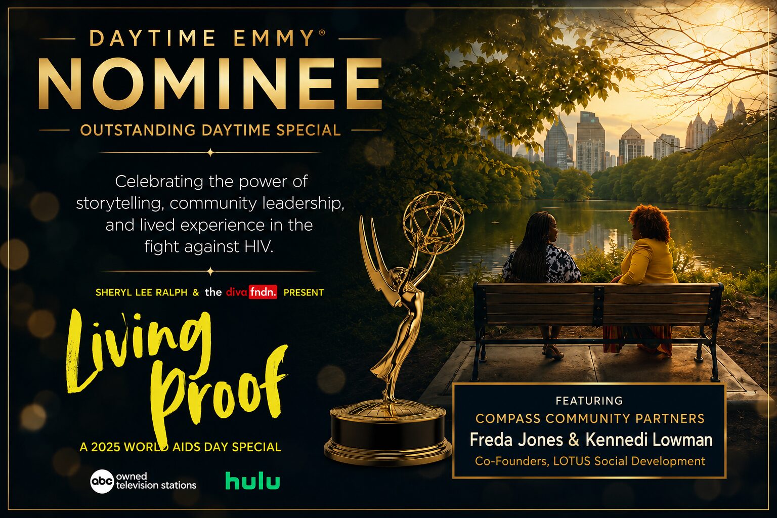 Banner celebrating the Daytime Emmy Award nomination of Living Proof, featuring two women overlooking a lake beside an Emmy statuette, symbolizing the power of storytelling to reduce HIV stigma.